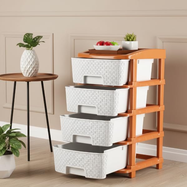 Image of KITCHIVO Plastic Modular Drawer Storage Chest Of Drawers Organizer Storage Box, Large Stomo Racks For Multipurpose Anti-slip Shoes Organizers (White & Golden, 4 Layer)