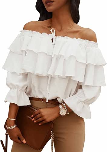 Byinns Women's Off Shoulder Ruffle Trendy Summer Fashion Long Sleeve