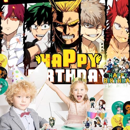 Image of OUDINI Academia of My Hero Birthday Party Backdrop, Decoration, Banner, Photo Backgrounds Props - 5ft x 3ft, Yellow, Cotton, Polyester, Includes 18 Pcs Balloons & Cupcake Toppers