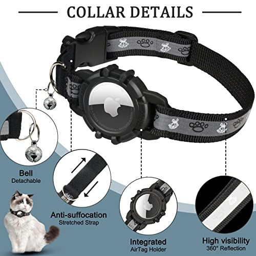 Reflective Airtag Cat Collar, Feeyar Integrated Gps Cat Collar With Apple Air Tag Holder And Bell, Safety Elastic Band Tracker Cat Collars For Girl Boy Cats, Kittens And Puppies [Black] #TOP4