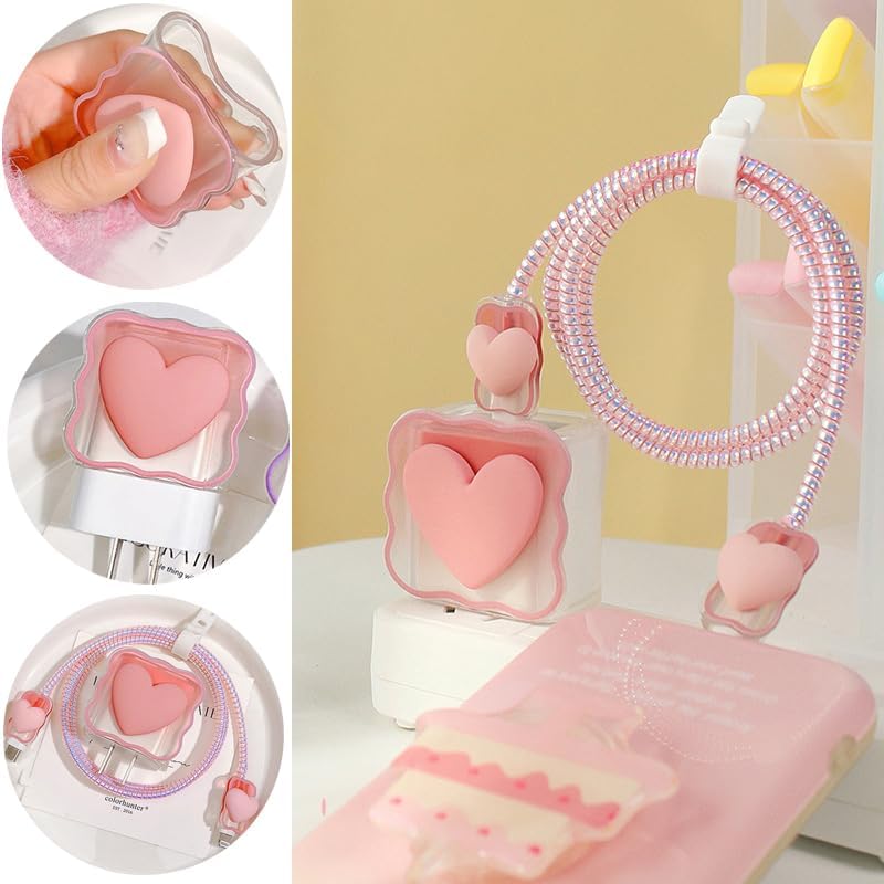 Image of ElectroGlimpse Charger Cable Protectors for iPhone Chargers 18W 20W Type C, 3D Cute Protective Case Cover Cartoon Style Fully Charger & Adaptor Protection Set-1 (Pink Heart)