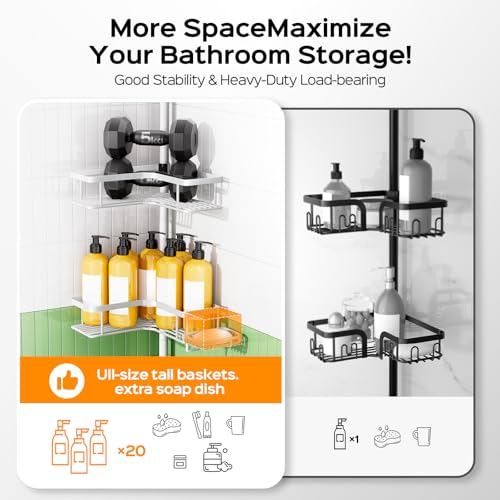 Image of HAMITOR 4-Tier Bathtub Shower Caddy, Tension Pole Corner Shelves, White | Rustproof L-Shaped Adjustable Organizer, No-Drill Bathroom Accessories with Hooks, Space-Saving For Apartment, Renters
