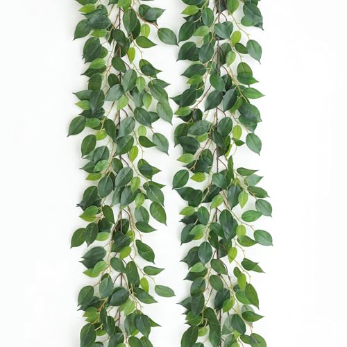 Mizii 2 Strands Artificial Vines Ficus Garland 78 Fake Vine with Silk Green Leaves Faux Hanging Plants Greenery Decorations for Bedroom Table Centerpieces Wall Party Wedding Room Decor (Ficus)