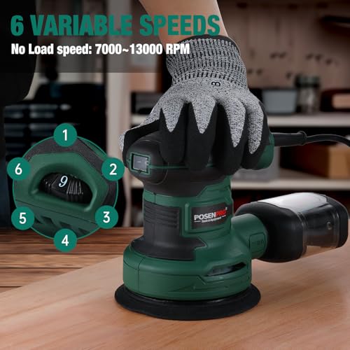 POSENPRO 300W Random Orbital Sander with 20Pcs 125mm Sandpapers, 7000-13000RPM 6 Variable Speed Sander Machine, High Performance Dust Collection System for Woodworking, Dust Collection Box Include 7 POSENPRO 300W Random Orbital Sander with 20Pcs 125mm Sandpapers, 7000-13000RPM 6 Variable Speed Sander Machine, High Performance Dust Collection System for Woodworking, Dust Collection Box Include - Image 7