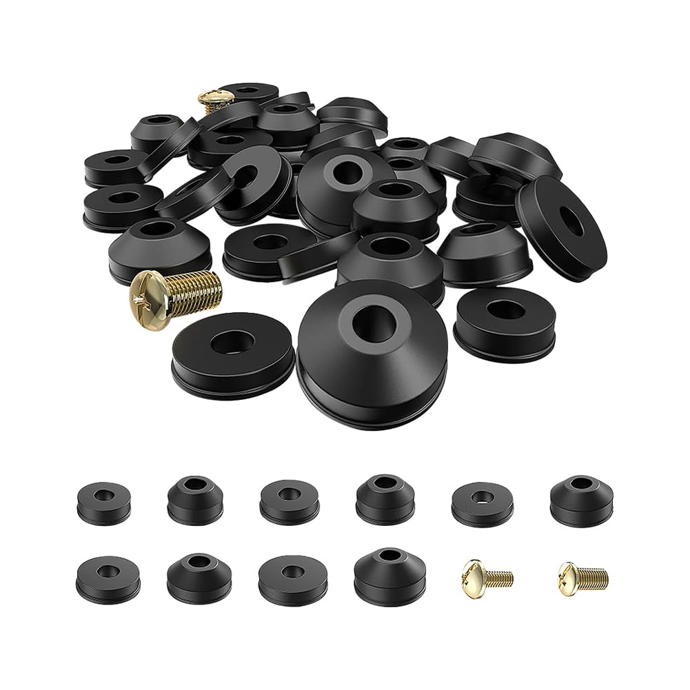 HugeDE 58 Pcs Rubber Faucet Washers Black Tap Valve Washer Flat Beveled Washers Replacements Rubber Grommets Bolts for Bathroom Kitchen