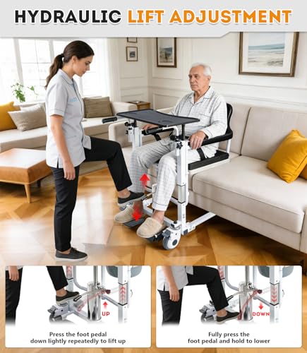 Image of Patient Lift Transfer Chair, 6 in 1 Patient Lift Chair with 180Split Seat for Home, Height Adjustable Portable Lift Nursing Chair with 4 Casters, Commode & Seat Cushion for Seniors Elderly, 350LBS