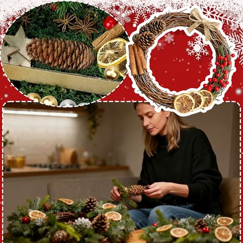 119 Stück Weihnachtskranz Deko, Adventskranz Deko, Potpourri Weihnachten, Adventskranz Bastelset mit Tannenzapfen, Eicheln, Getrocknete Orangenscheiben, Birkensternen, Dunkelgrün Moos, Sternanis