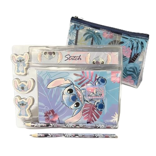 Disney Stitch 8Piece Pencil Case & Stationery Set for Kids Clear PVC Zip Pouch Erasers HB Pencil Sharpener Ruler & Notepad
