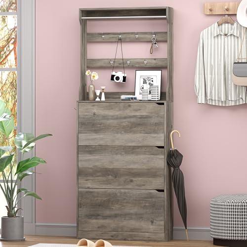 Shoe Cabinet with 3 Flip Drawers & Coat Rack, Narrow Hidden Shoe Storage Cabinet, 2-in-1 Hall Tree Slim Freestanding Shoe Rack Organizer for Entryway, Hallway, and Living Room