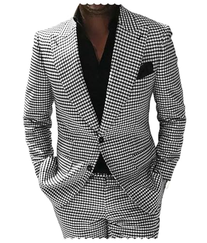 Houndstooth Blazer Men Dogstooth Plaid Suit Slim Fit Wedding Prom Party Tuxedo Groom Casual Jacket Pant 2 Piece