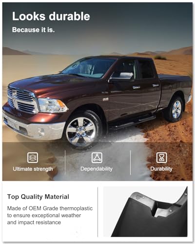 Image of KIWI MASTER Mud Flaps for 2009-18 Dodge Ram 1500 /2500 /3500, 2019-2024 Ram 1500 Classic (Without OEM Fender Flares, Single Rear Wheels), Heavy Duty Front & Rear Mud Guards, No Drill, 4 Pcs Set