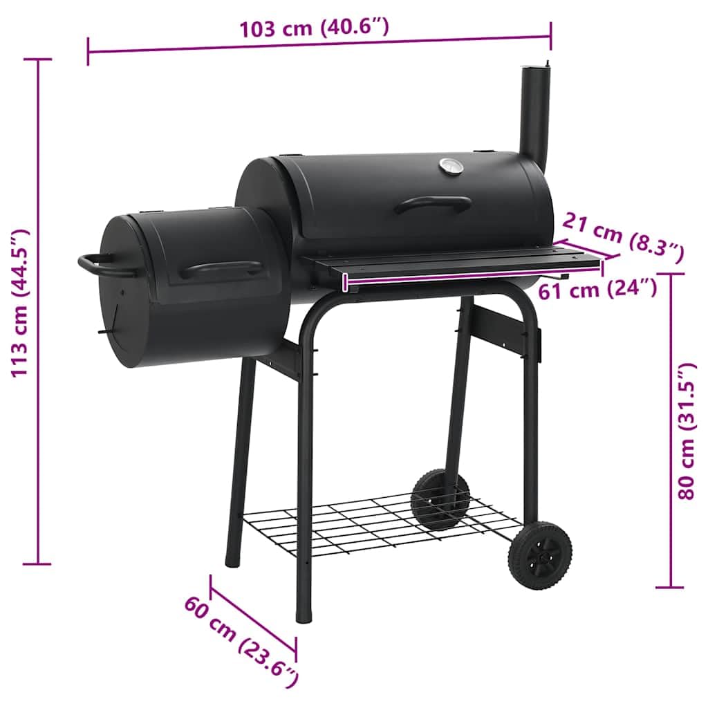 Klasyczny grill na węgiel drzewny, ze stali z termometrem, 3 chromowane ruszty, praktyczna półka, mobilny z 2 kółkami, do ogrodu, na taras, na zewnątrz, bez dymu