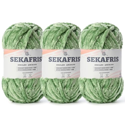 Image of Fuzzy Chunky Chenille Yarn for Crocheting,Soft Plush Yarns for Hand Knitting,Bulky 3x100g(3x49.2 yd) Baby Blanket Yarn for Crocheting Amigurumi,Crochet Fluffy Velvet Yarns (3 Avocado Green)