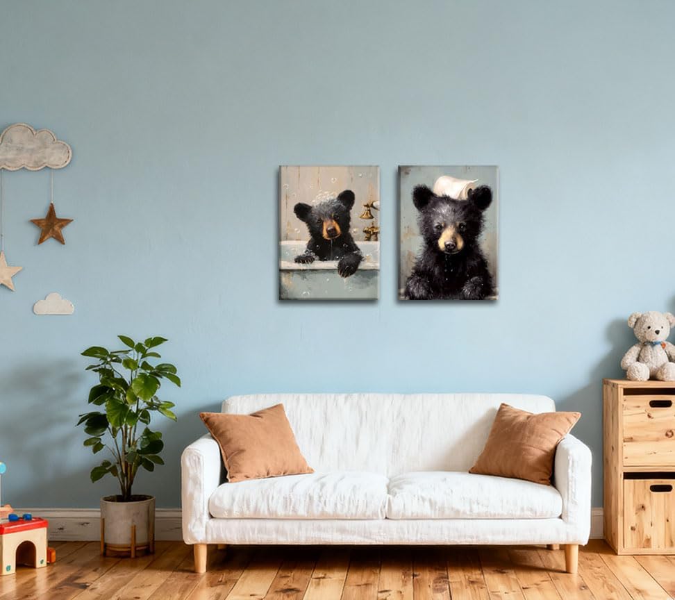 Image of Frimeeme 2 Piece Bear Bathroom Canvas Wall Art Set 12x16 inches | Bathtub Bear Prints, Cute Humorous Posters Ready to Hang Home Decor1, ready to hang