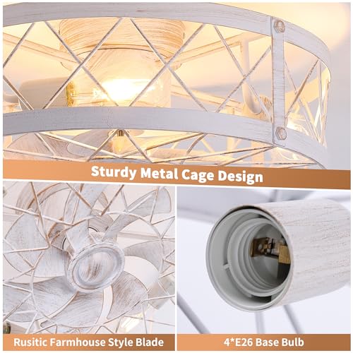 Flush Mount White Caged Ceiling Fan with Light, 20" Small Bladeless Ceiling Fan and Remote, Rustic Low Profile Ceiling Fans 4-Speed Reversible Enclosed Ceiling Fans for Bedroom Kitchen Farmhouse - Image 6