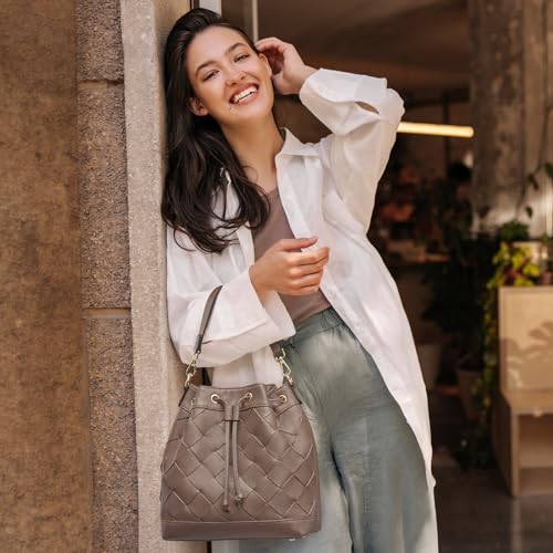 Kattee Woven Leather Bucket Bags for Women, Drawstring Crossbody Hobo Purses and Shoulder Handbags with 2 Straps3