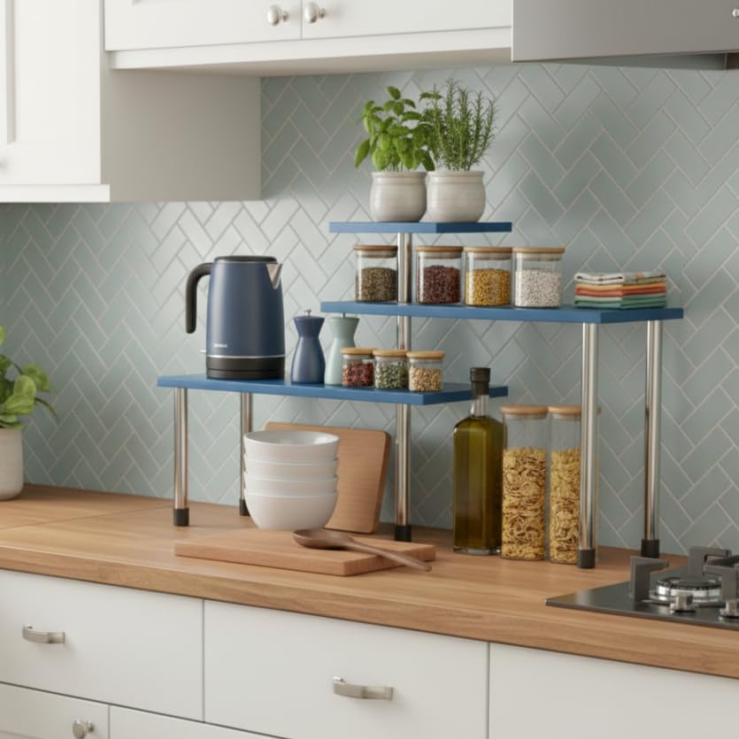 Image of U-Max 3-Tier Multipurpose Corner Kitchen Rack, 3 tier kitchen shelf, Space Saving Countertop Shelf Organizer for Spice Jars, Containers, Cups & Cooking Essentials (Blue)