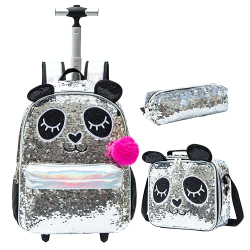 CUTBLAJAT Mochilas de Rodinhas Infantis lantejoulas prateadas - Kit com Lancheira e Estojo - Estilo Princesa Panda (lantejoulas prateadas)