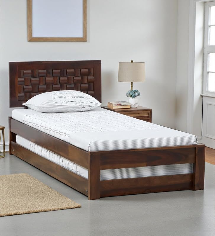 Image of Solid Sheesham Wood Woodora Single Size Trundle Bed with 1 Extra Pullout Bed | Wooden Single Bed Cot Palang Furniture for Bedroom Living Room Home and Hotel (Provincial Teak Finish)