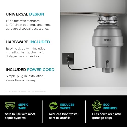 KRAUS WasteGuard High-Speed 3/4 HP Continuous Feed Ultra-Quiet Motor Garbage Disposal with Power Cord and Flange Included and Universal Mount, KWD210-75MGR - image 9