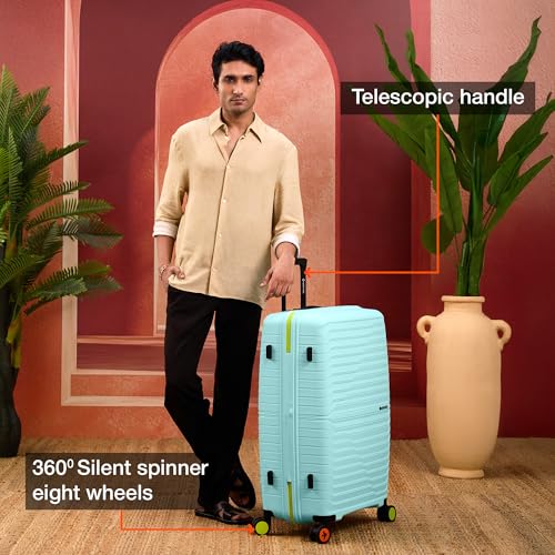 Image of Nasher Miles Cairo Hard-Sided Polypropylene Luggage Set of 3 | 55cm, 65cm & 75cm | 8 Wheels Small, Medium & Large Trolley Bag for Travel | Suitcase (Pastel Green & Neon)