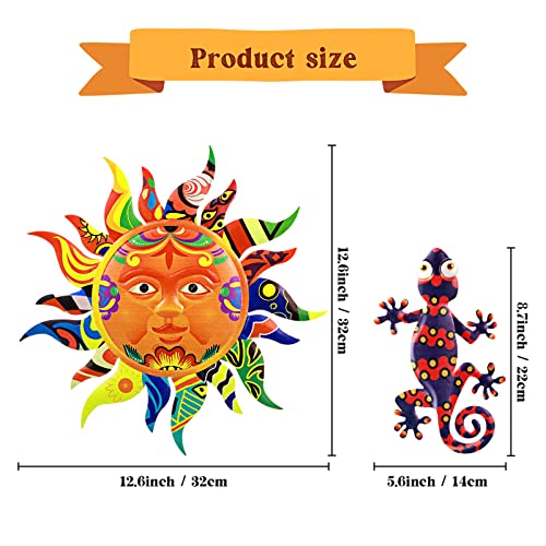 Hotop Sun Metal Gecko Wall Art Decor Set, 12.6 Inch Outdoor Sun Wall Art Talavera Colorful Sun Face Statues Hanging Decor And 6 Pieces Metal Lizard Sculpture Hang Decors For Garden Home Living Room #TOP1