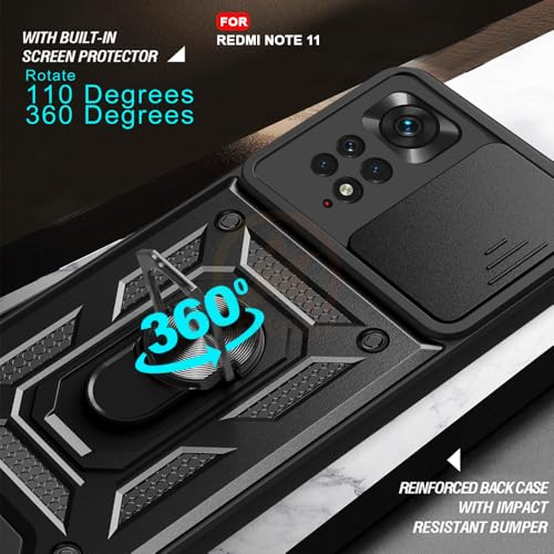 Image of Armor Bumper Back Cover Case for Redmi Note 11 / 11S Rotating Camera Cover, Ring Holder & Kickstand | Heavy Duty & 360 Degree Protection Redmi Note 11 / 11S Back Cover (Black)