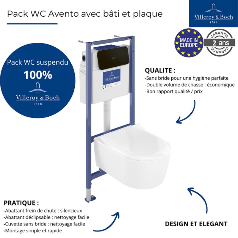 Pack WC suspendu sans bride VILLEROY ET BOCH Avento + Bâti support ViConnect Pro + abattant frein de chute + plaque noir mat