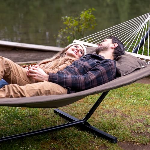 Image of SUNCREAT 55 Inch Extra Large Double Hammock with 12 ft Stand, 475lbs Capacity, Outdoor Portable Hammock with Hardwood Spreader Bar, Extra Large Pillow, Brown
