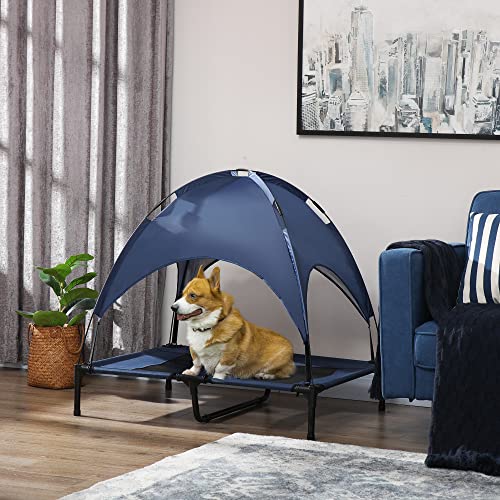 PawHut Erhöhtes Hundebett mit Baldachin, Haustierbett, Hundeliege Outdoor mit Dach, Atmungsaktiv, Taftstoff für Camping Dunkelblau 92 x 76 x 90 cm