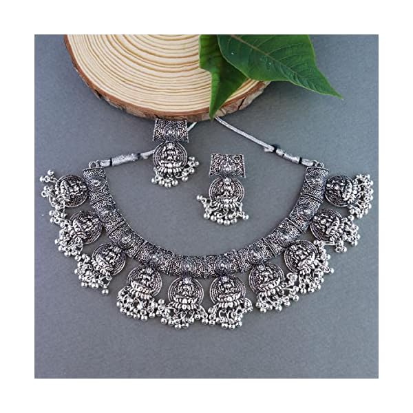 I Jewels Navratri Oxidised Silver Plated Afghani Choker Necklace Jewellery Set for Women (MC070) - Image 4