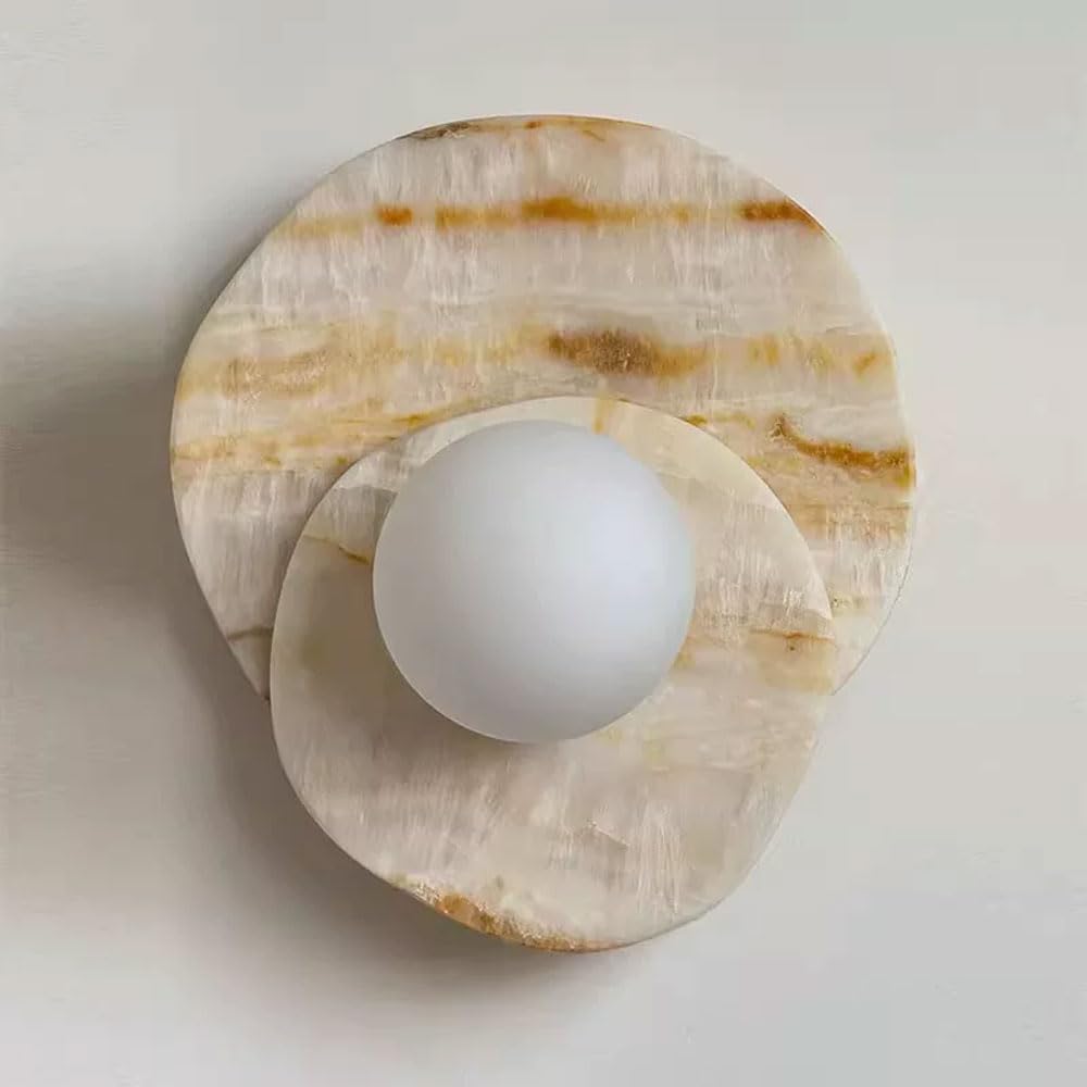 JISHUBO G9 Base Spherical Glass Lampshade Wall Light, French Style Creative Marble Wall Light, Natural Alabaster Wall Sconce, Restaurant Balcony Bedroom Wall Mounted Light Fixtures