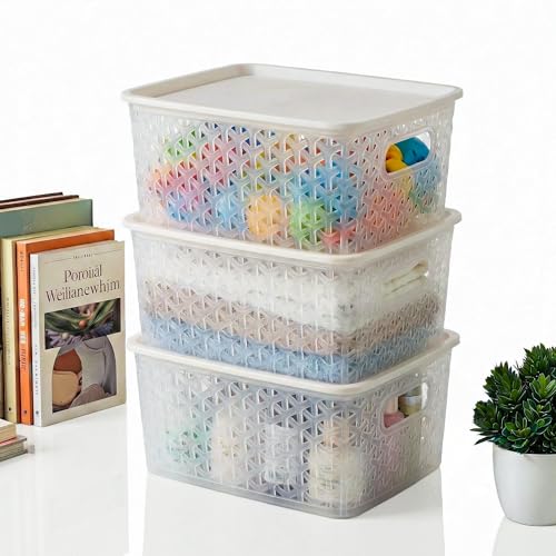 Kuber Industries 3 Pcs Plastic Small Solitaire Storage Basket with Lid & Handle | Multipurpose Storage Rectangular Box for Cloths Toys & Books | H1 - Transparent