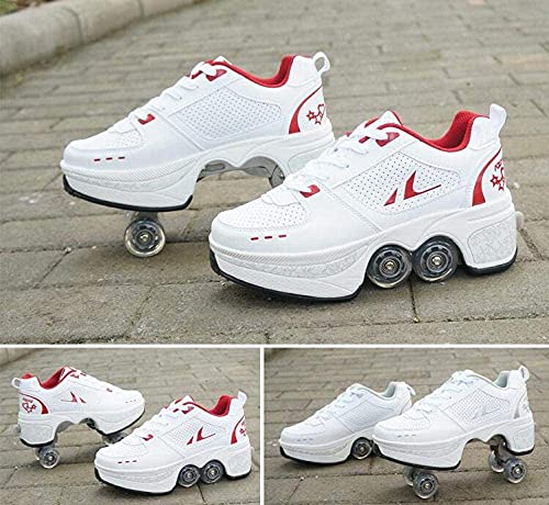 Image of Roller Skates for Women /Girls, Retractable Kick Roller Shoes with Wheels for Men, Outdoor Quad Wheel Rink Skates Adjustable Deformation Sneakers for Adult /Boys