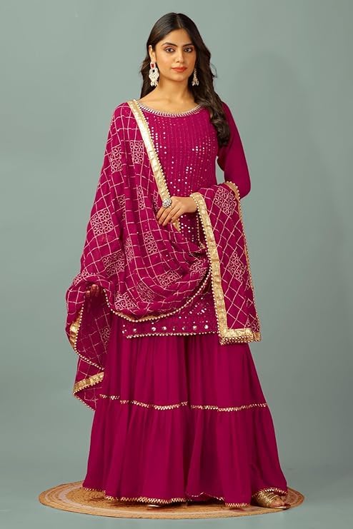 Image of Women's Designer Chinon Silk Sharara Suit Set, Sequence Embroidery Kurti with Tiered Sharara and Dupatta