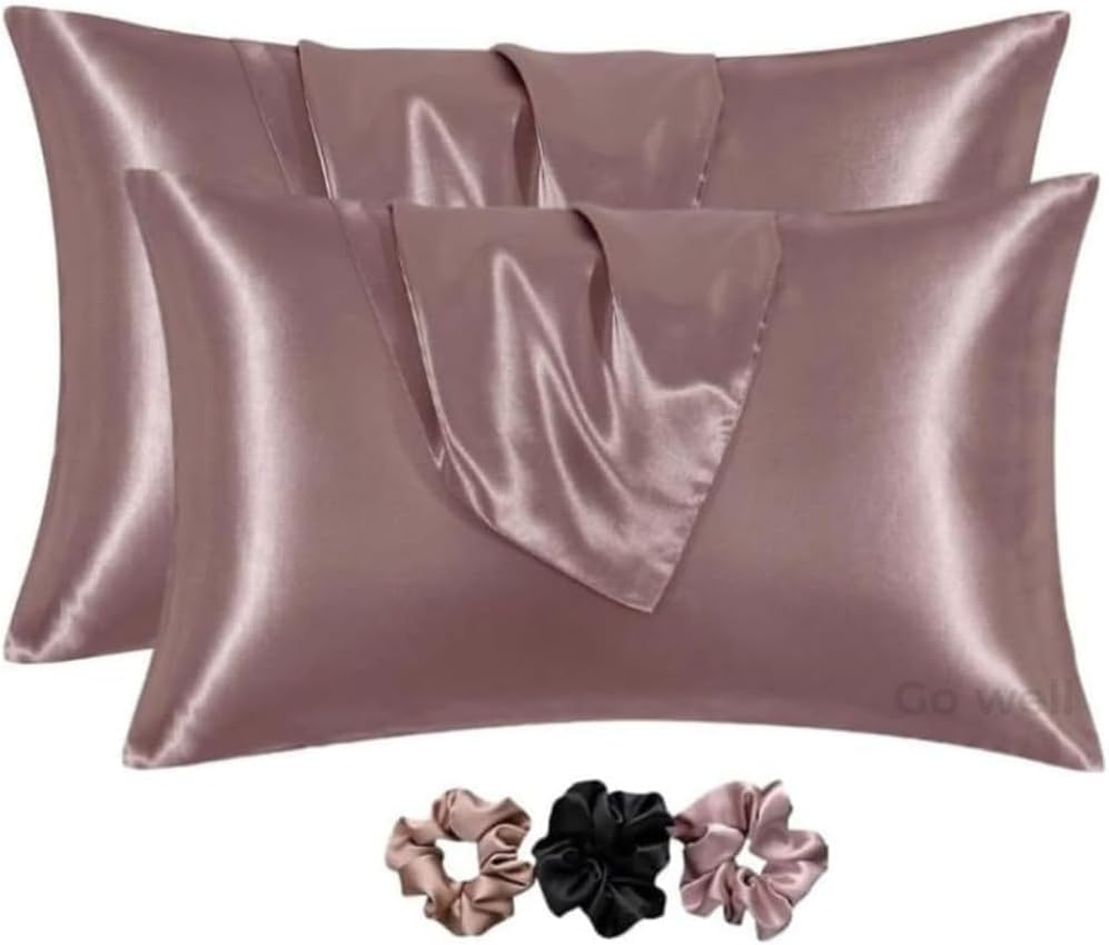Solid Satin Silk Pillow Covers Pack of 2 for Hair and Skin-with Satin Scrunchies |Satin Pillow coves for Hair and Skin|scrunchies for Women 3-Piece|Silk Pillow case (Rose Taupe) 800Tc