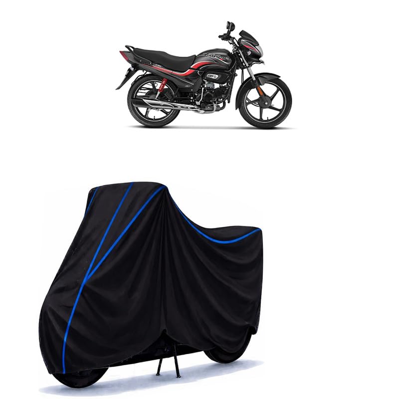 Image of Hero Passion Plus Bike Cover Water Resistant Universal Motorcycle Rain | Heavy Duty UV Protection, Dust, Scratch Indoor Outdoor All Weather with Black Blue Piping Elastic