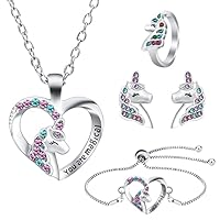 OSDUE Einhorn Schmuckset Mädchen, Einhorn Kinderschmuck Enthalten Halskette, Ringe, Armbänder, Ohrring, Schmuck Set für Party Geschenk (5 Stück)