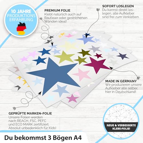 ELES VIDA - 75 Sterne Wandtattoo fürs Kinderzimmer - Wandsticker Set - Pastell Farben, Baby Sternenhimmel zum Kleben Wandaufkleber Sticker Wanddeko - Wandfolie, Kleinkinder, Grau - Pink - Lila