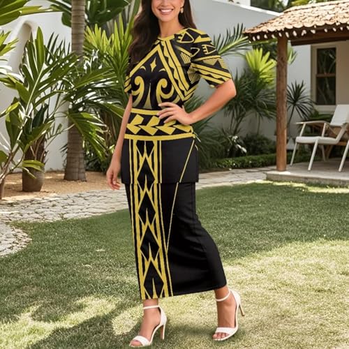 Image of Puletasi Samoan Traditional 2 Piece Outfits for Women Short Sleeve Crop Top and Maxi Skirt Sets Puletasi Dress