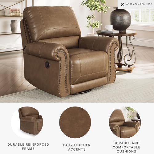 Image of Signature Design by Ashley Chatterton Swivel Glider Recliner, Earth Brown Faux Leather Traditional Rocking Chair with Nailhead Trim for Living Room and Nursery, 42 inch W, No Assembly Required