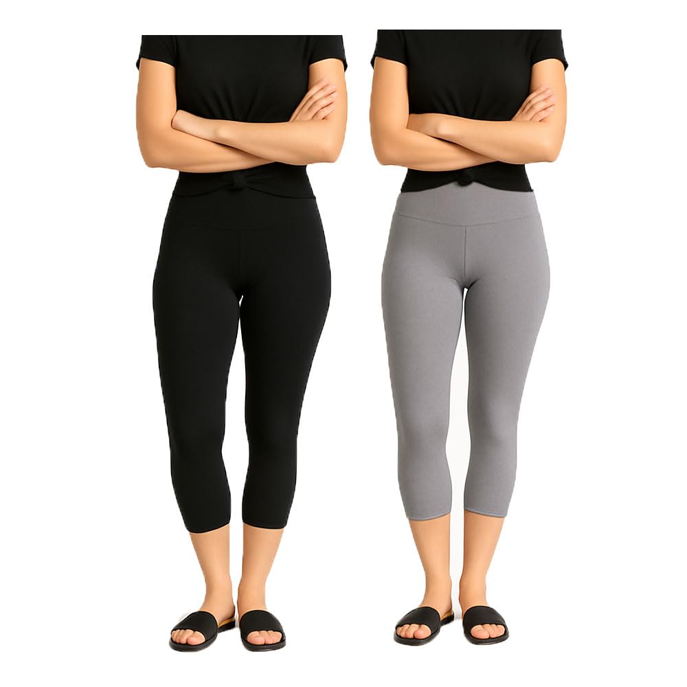 Womens Casual Solid Cotton Blend Plain 3/4th Capri For Girls Black, Grey (Pack Of 2)-picture-21