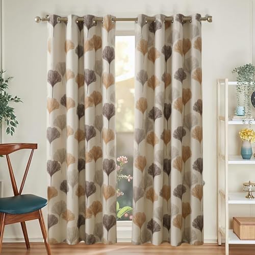 Image of HUTI 7 Feet Brown Door Curtain Set of 2 | Semi-Transparent Ginkgo Tree Printed Curtain | Soft Polyester Eyelet Curtains for Living Room & Bedroom 4x7 ft (120 x 213 cm) | Best for Home Decor