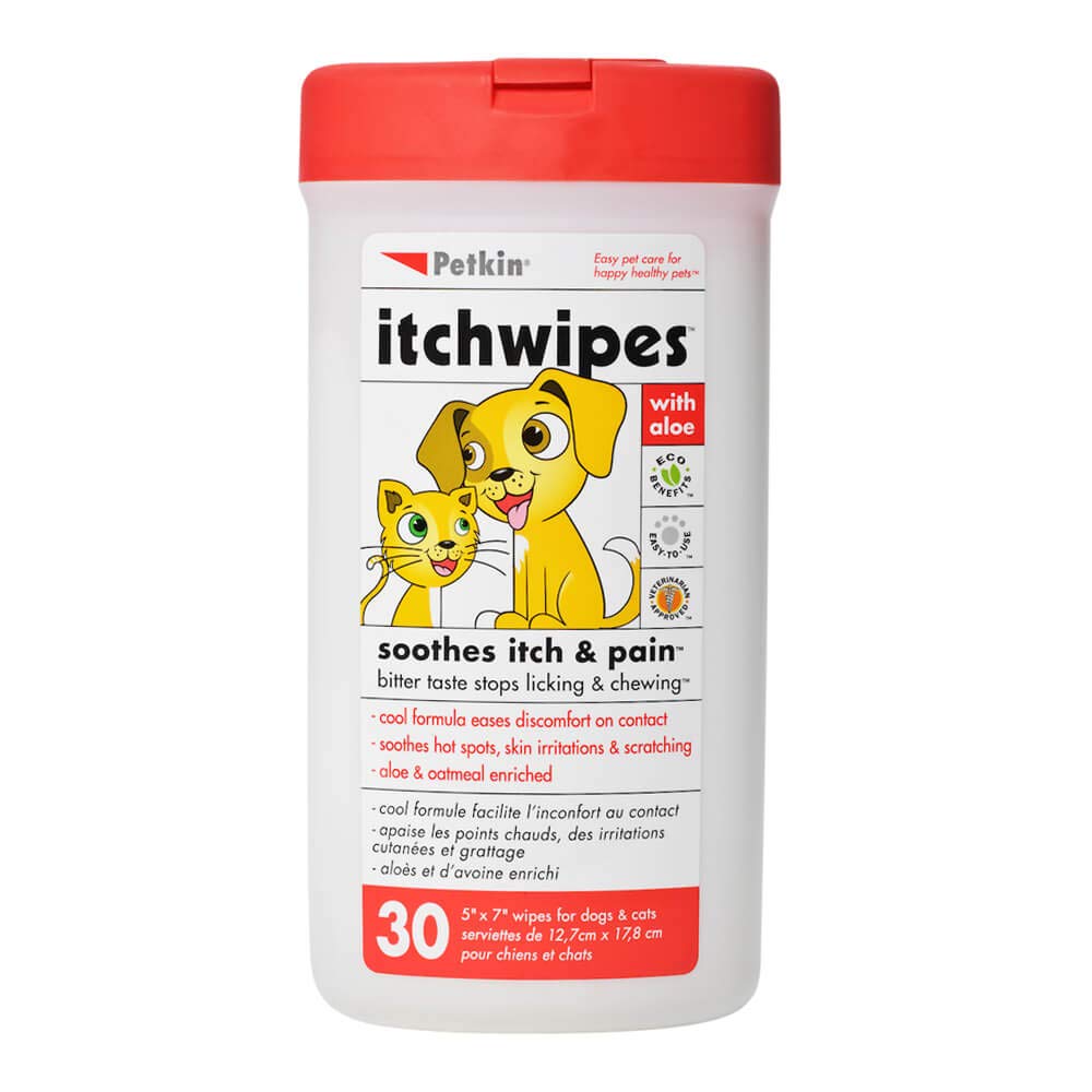 PetkinAnti Itch Wipes for Dogs and Cats - Soothes Hot Spots, Skin Irritations and Scratching - Bitter Taste Stops Licking and Chewing - Super Convenient, Ideal for Home or Travel - 30 Wipes