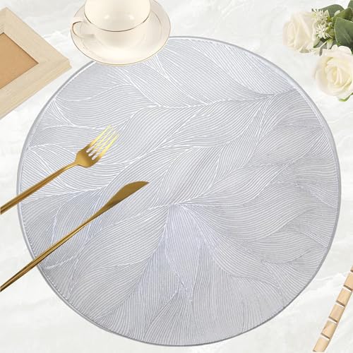 Image of HomeCloud PVC Material Round Shape Table Mat, Dining Table Mat,Table Placemats, Round Mats,Best for Bed-Side Table /Center Table, Dining Table /Shelves (Circle Leaf Flower Silver, Set of 2)
