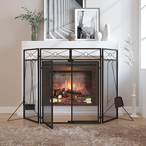 Jaxsunny 48X32 Inch Fireplace Screen 4-Panel Folding Fireplace Screens For Wood Burning Fireplace With 4-Pieces Fire Place Tools Fire Spark Guard, Black #TOP1