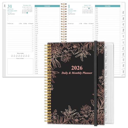 Daily Planner 2026 Full Page Per Day- 2026 Daily & Monthly Planner from January 2026 to December 2026, Day Planner 2026 with 12 Months Tabs, 8.5' x 11', Black Flowers