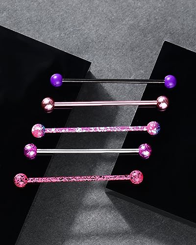 Jewseen 5PCS Pink Purple Acrylic Balls Industrial Barbell Splatter 316L Stainless Steel Bar Industrial Rings Piercing Body Jewelry4