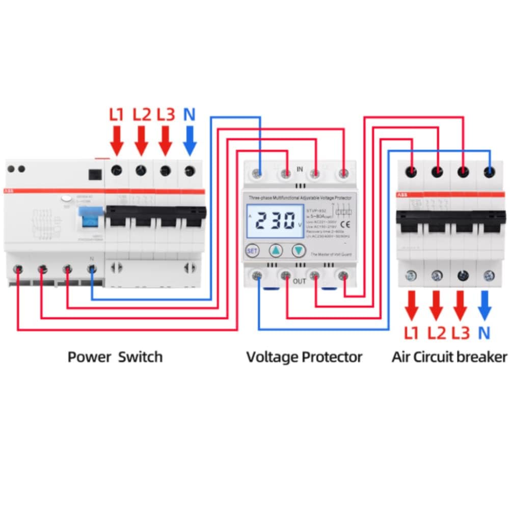 Protezione di Tensione Regolabile LCD Trifase Multifunzione Ripristino Automatico 230 V/400 V CA Protezione da Sovratensione Sottotensione Dispositivo di Protezione Della Tensione(63A)