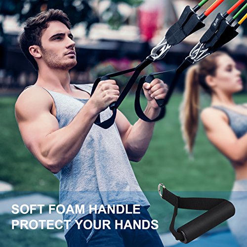 Mpow Resistance Bands Set, Resistance Bands with Handles (150LBS), 5 Stackable Exercise Bands with Door Anchor, Ankle Straps, Guide Book, Heavy Resistance Tube Bands, Portable Tube Band - Thumbnail 7